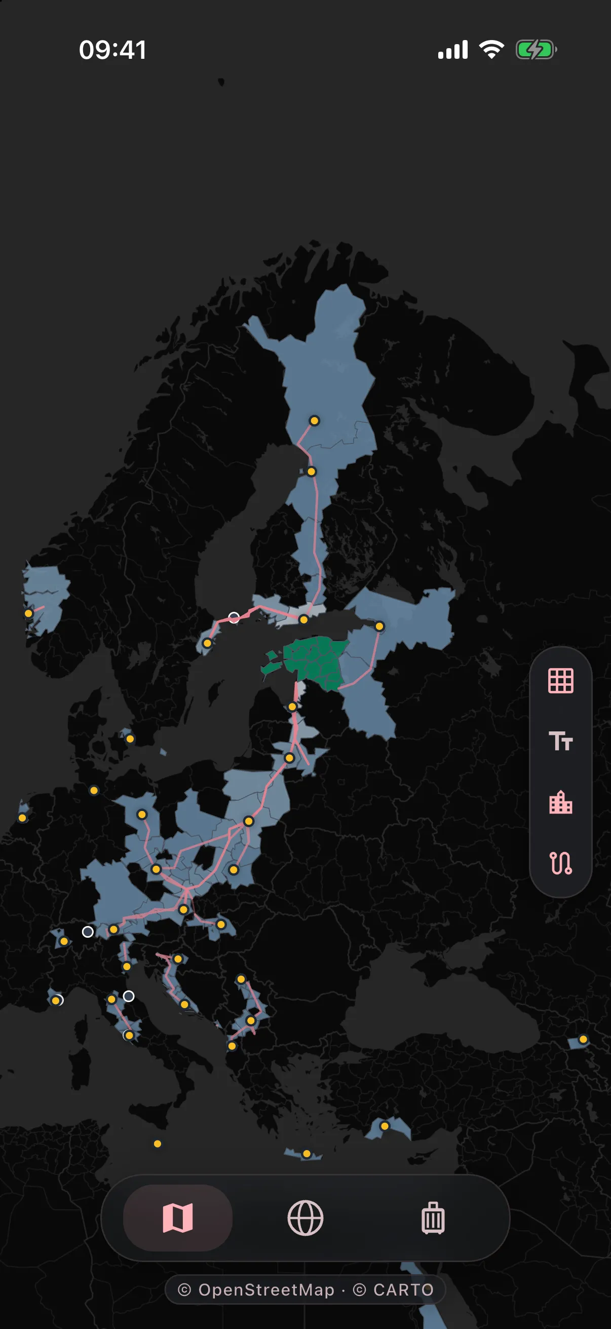 The same map on the phone a level down, shading only the states and provinces that were visited