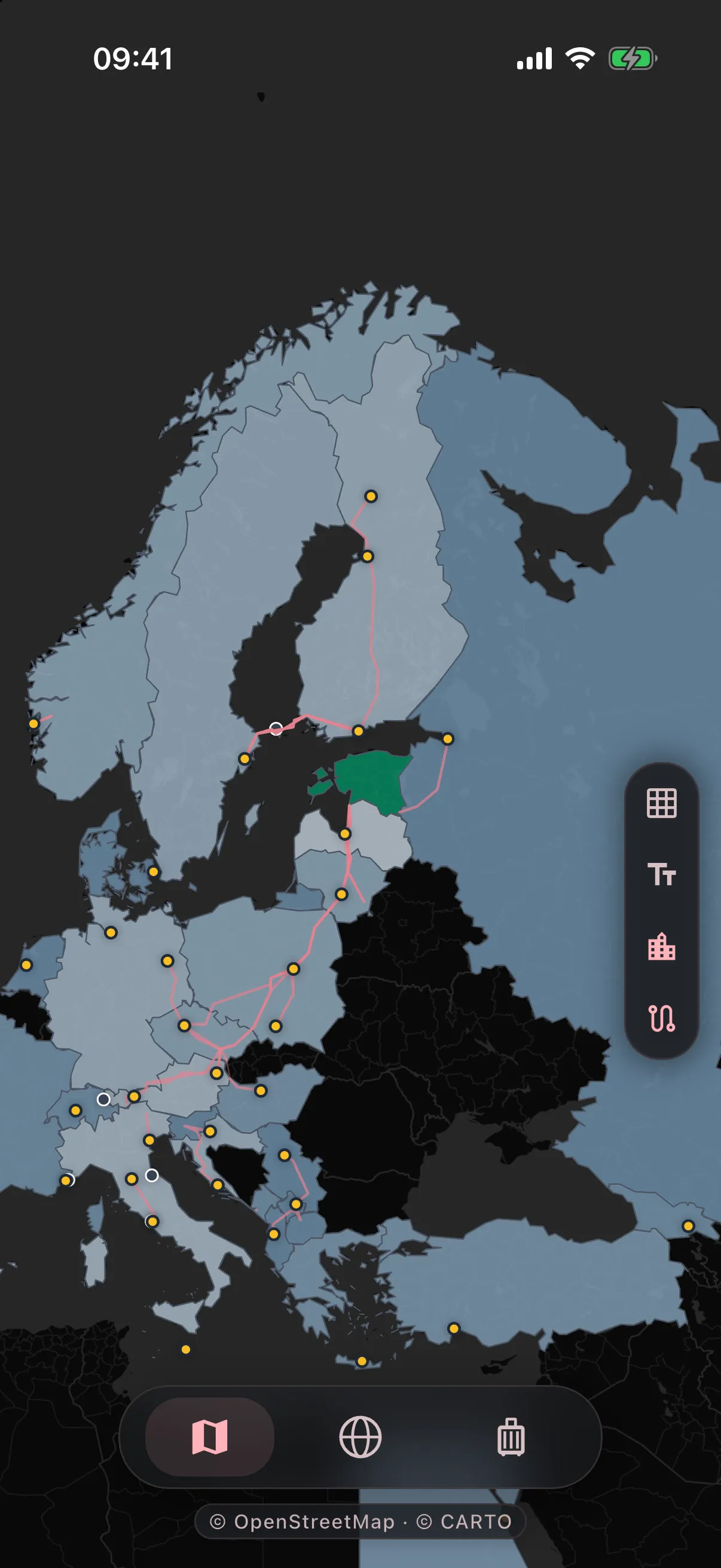 The map on the phone: visited countries shaded by days spent, the home country distinct, cities marked