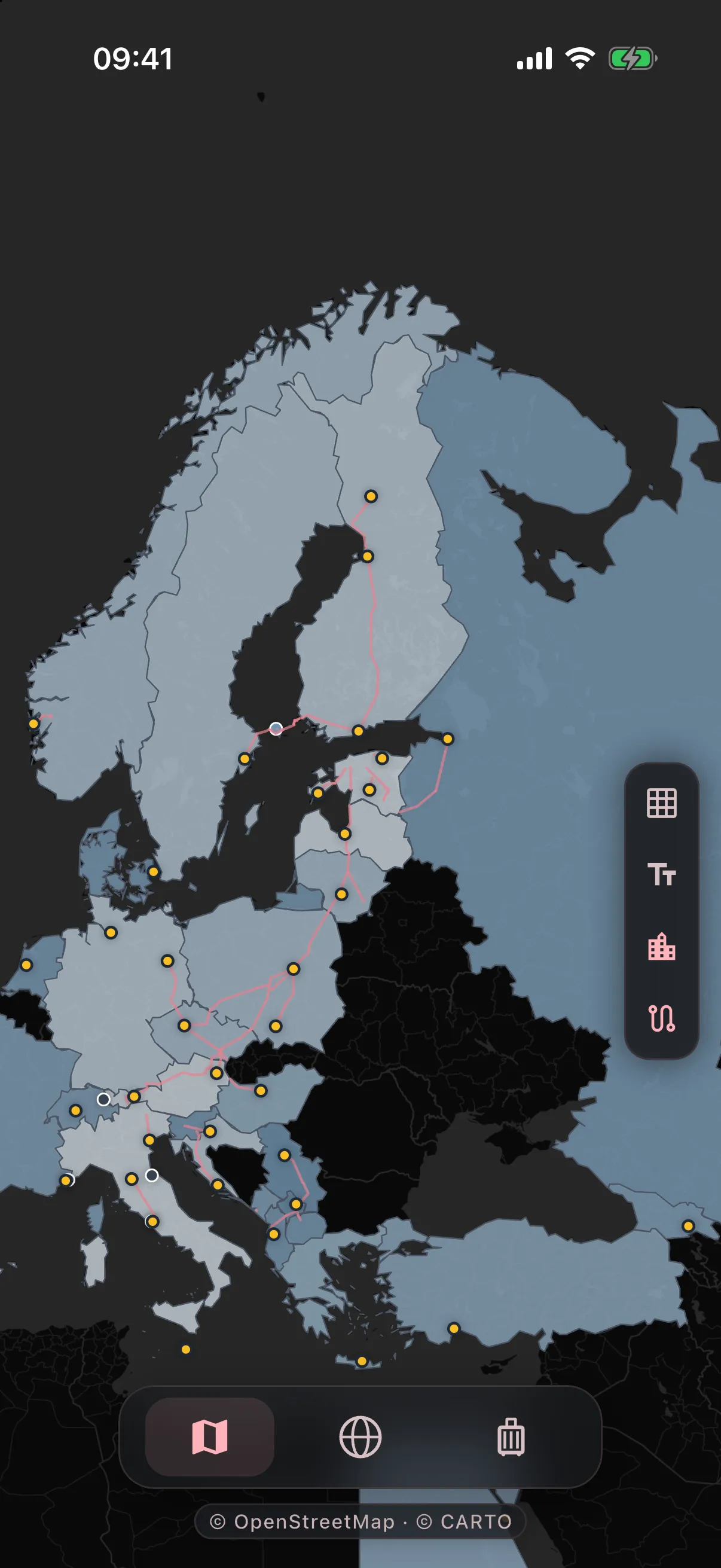 The map on the phone: visited countries shaded by days spent, the home country distinct, cities marked