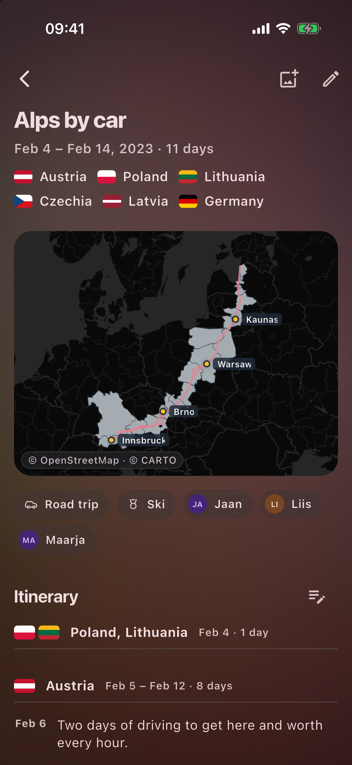 One trip on the phone: its route on a map, the cities visited, who came along, and the daily journal