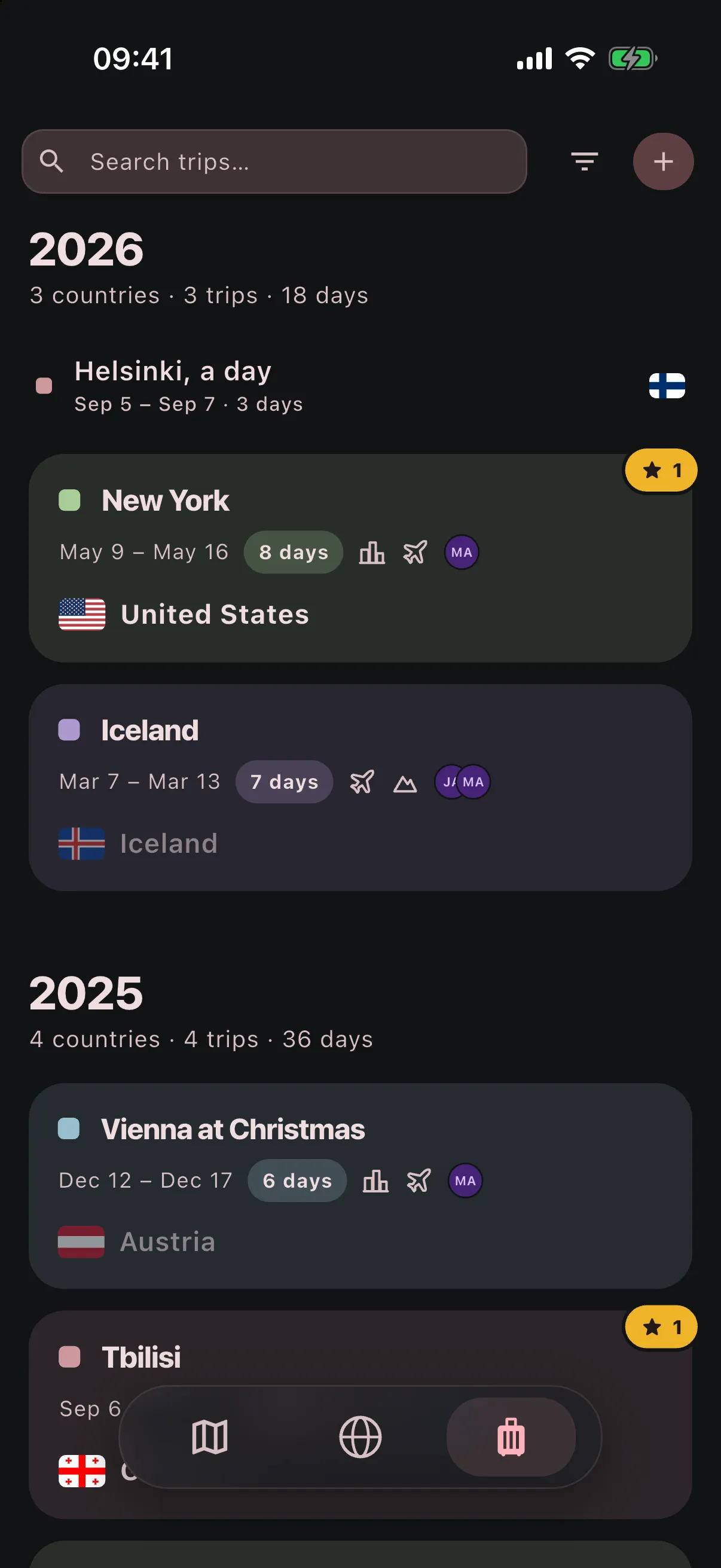 Trips grouped by year on the phone, each with its dates, countries and tags