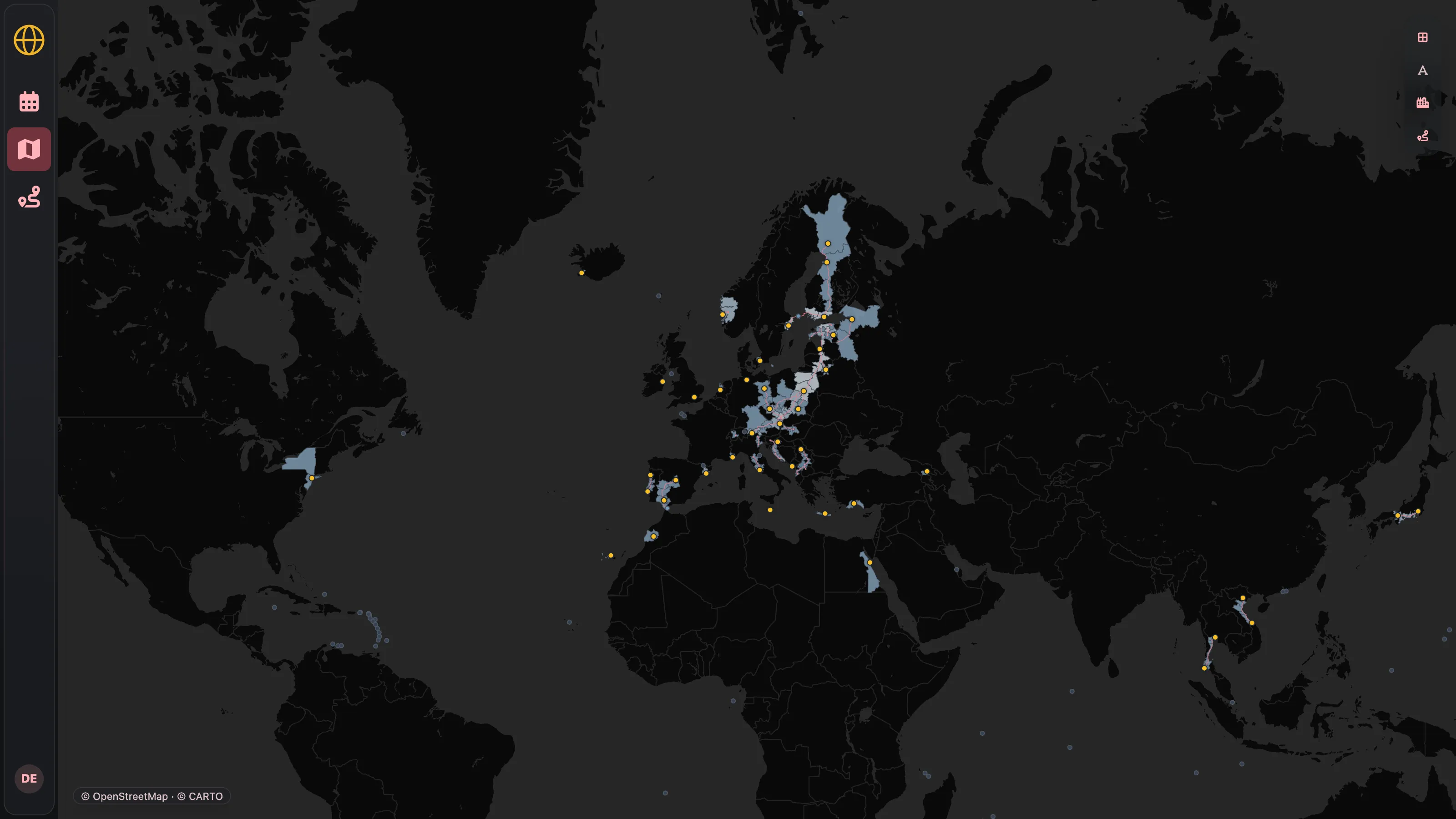 The same map a level down, shading only the states and provinces that were actually visited