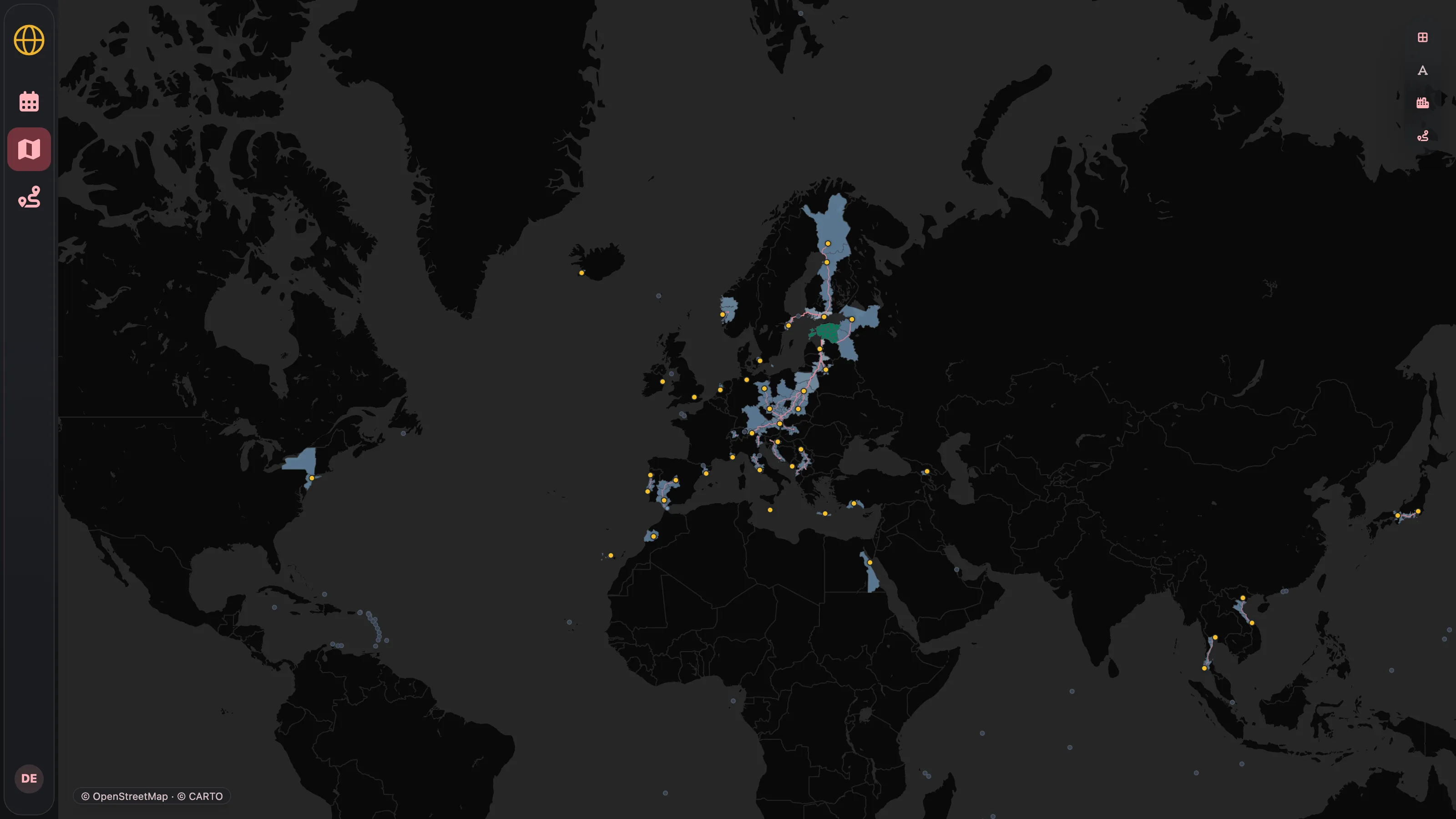 The same map a level down, shading only the states and provinces that were actually visited