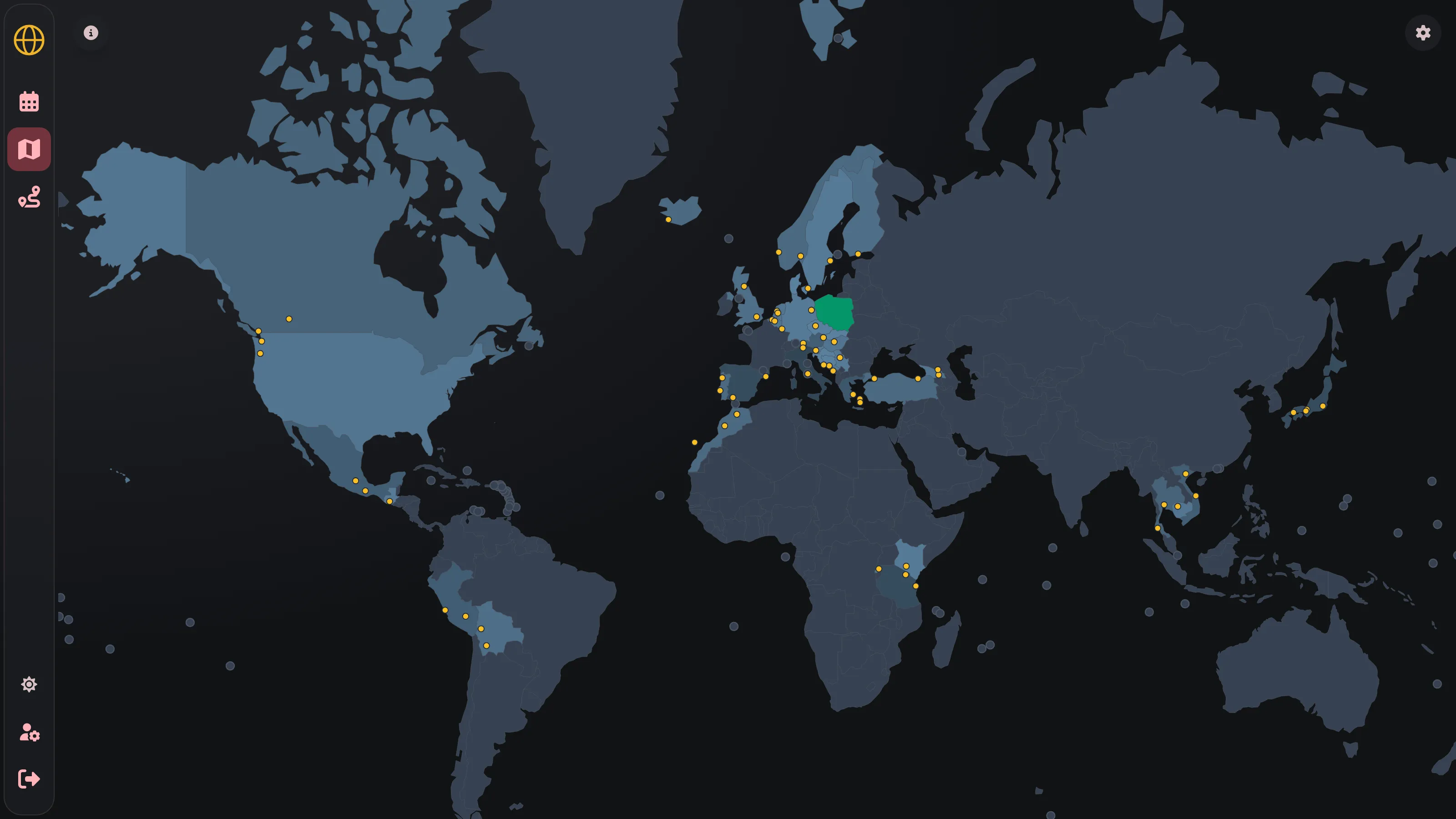 A world map with 39 visited countries shaded by how often they were visited, and cities marked