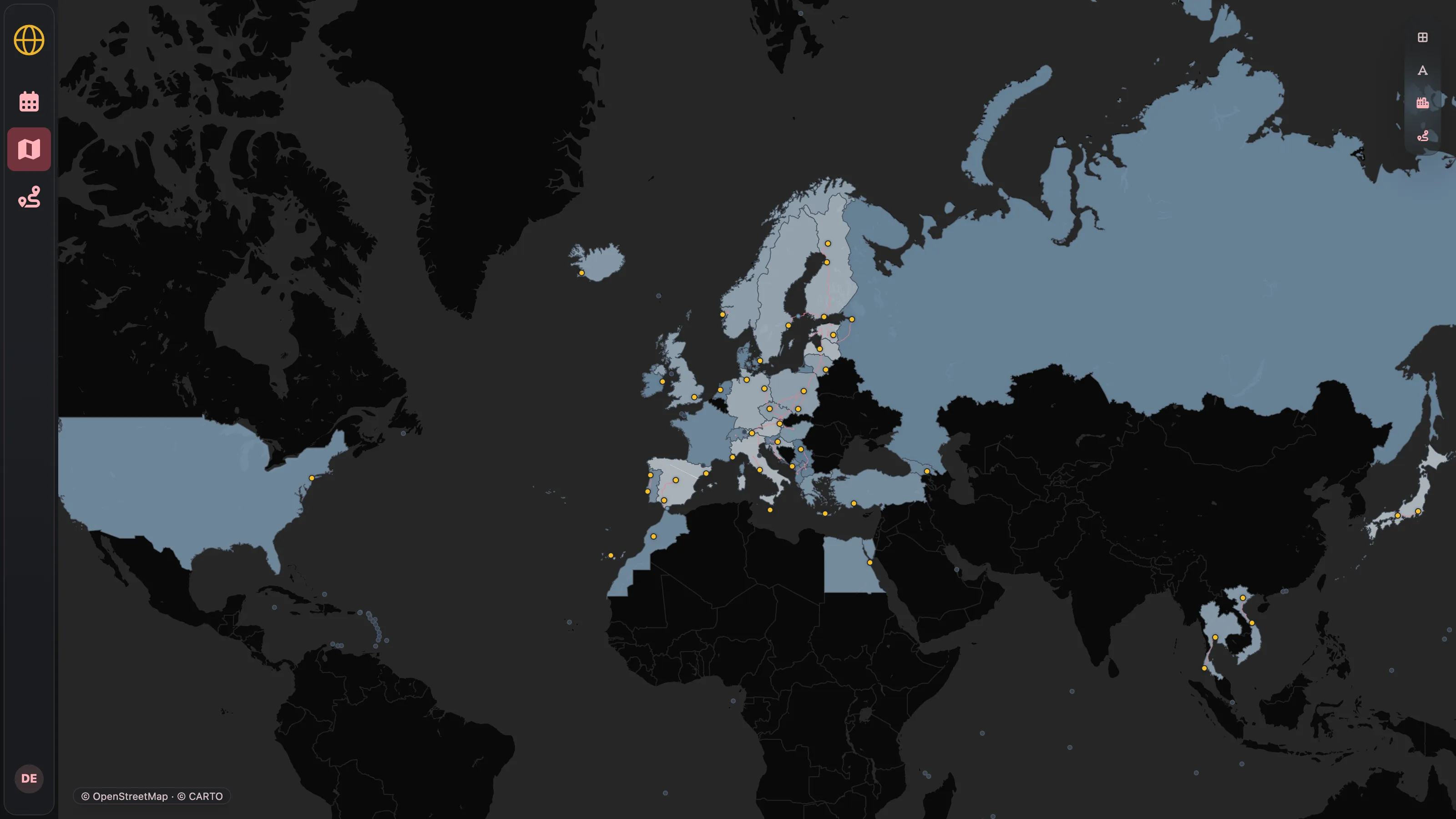 The world map: countries shaded by how long was spent in each, with cities marked and trip routes drawn
